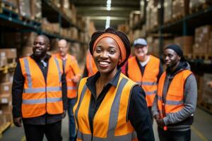 ai generado retrato de sonriente africano americano hembra almacén trabajador en pie en almacén con colegas en antecedentes foto