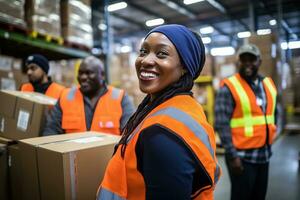 AI generated Portrait of smiling african american female warehouse worker standing in warehouse with colleagues in background photo