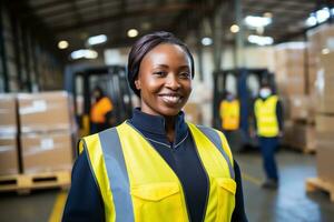 AI generated Portrait of smiling african american female warehouse worker standing in warehouse with colleagues in background photo