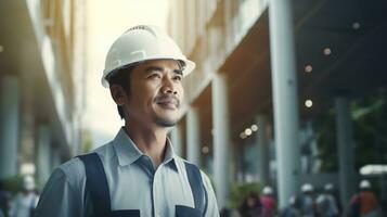 AI generated Portrait of Asian engineer or architect on construction site with building background photo