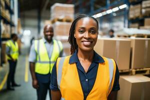 AI generated Portrait of smiling african american female warehouse worker standing in warehouse with colleagues in background photo