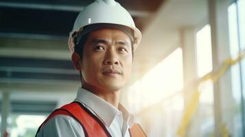 AI generated Portrait of Asian engineer or architect on construction site with building background photo