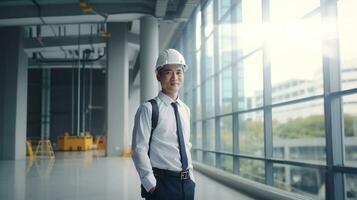 AI generated Portrait of Asian engineer or architect on construction site with building background photo