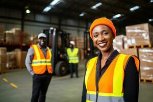 AI generated Portrait of smiling african american female warehouse worker standing in warehouse with colleagues in background photo