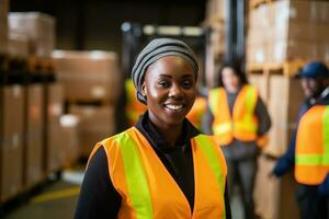 AI generated Portrait of smiling african american female warehouse worker standing in warehouse with colleagues in background photo