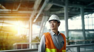 AI generated Portrait of Asian engineer or architect on construction site with building background photo