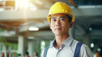 AI generated Portrait of Asian engineer or architect on construction site with building background photo