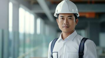 AI generated Portrait of Asian engineer or architect on construction site with building background photo