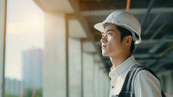 AI generated Portrait of Asian engineer or architect on construction site with building background photo