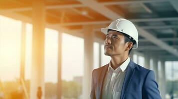 AI generated Portrait of Asian engineer or architect on construction site with building background photo