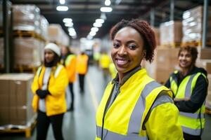 ai generado retrato de sonriente africano americano hembra almacén trabajador en pie en almacén con colegas en antecedentes foto