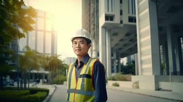 AI generated Portrait of Asian engineer or architect on construction site with building background photo