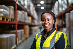 AI generated Portrait of smiling african american female warehouse worker standing in warehouse with colleagues in background photo