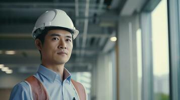 AI generated Portrait of Asian engineer or architect on construction site with building background photo