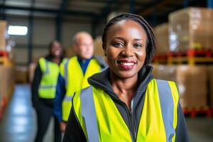 ai generado retrato de sonriente africano americano hembra almacén trabajador en pie en almacén con colegas en antecedentes foto