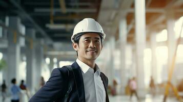 AI generated Portrait of Asian engineer or architect on construction site with building background photo