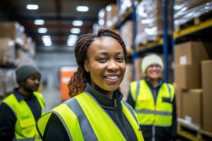 ai generado retrato de sonriente africano americano hembra almacén trabajador en pie en almacén con colegas en antecedentes foto