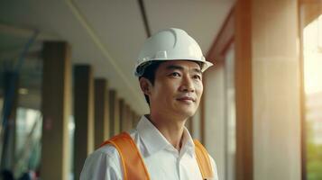 AI generated Portrait of Asian engineer or architect on construction site with building background photo