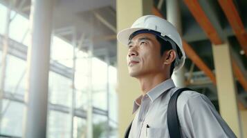 AI generated Portrait of Asian engineer or architect on construction site with building background photo