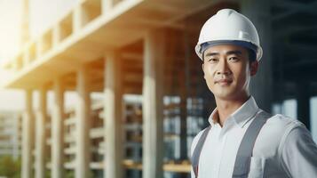 AI generated Portrait of Asian engineer or architect on construction site with building background photo