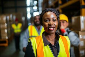 AI generated Portrait of smiling african american female warehouse worker standing in warehouse with colleagues in background photo