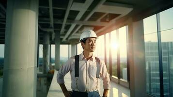 AI generated Portrait of Asian engineer or architect on construction site with building background photo