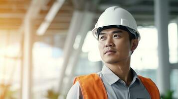 AI generated Portrait of Asian engineer or architect on construction site with building background photo