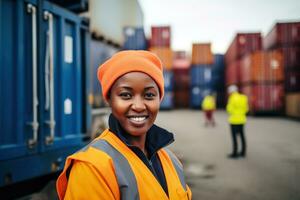 AI generated Portrait of smiling african american female warehouse worker standing in warehouse with colleagues in background photo