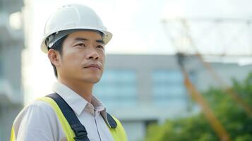 ai generado retrato de asiático ingeniero o arquitecto en construcción sitio con edificio antecedentes foto