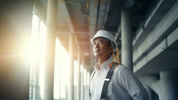 ai generado retrato de asiático ingeniero o arquitecto en construcción sitio con edificio antecedentes foto