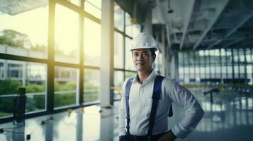 ai generado retrato de asiático ingeniero o arquitecto en construcción sitio con edificio antecedentes foto