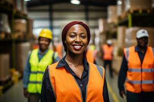 AI generated Portrait of smiling african american female warehouse worker standing in warehouse with colleagues in background photo