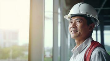 AI generated Portrait of Asian engineer or architect on construction site with building background photo