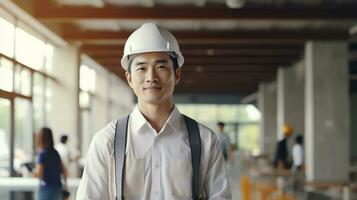 AI generated Portrait of Asian engineer or architect on construction site with building background photo