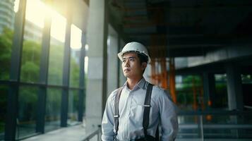 AI generated Portrait of Asian engineer or architect on construction site with building background photo