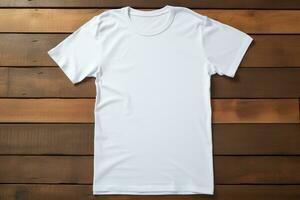 AI generated White t-shirt on wooden background, top view. Mockup for design photo