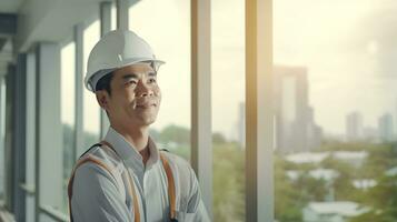 ai generado retrato de asiático ingeniero o arquitecto en construcción sitio con edificio antecedentes foto