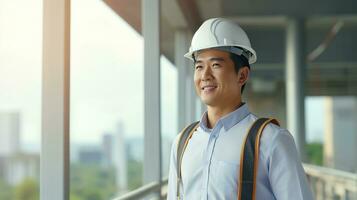 AI generated Portrait of Asian engineer or architect on construction site with building background photo