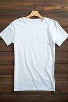 AI generated White t-shirt on wooden background, top view. Mockup for design photo