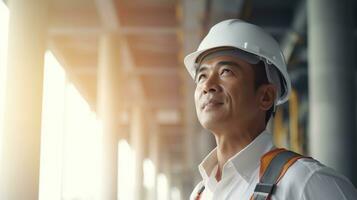 AI generated Portrait of Asian engineer or architect on construction site with building background photo