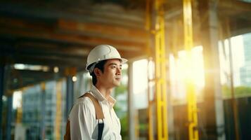AI generated Portrait of Asian engineer or architect on construction site with building background photo