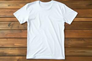 AI generated White t-shirt on wooden background, top view. Mockup for design photo