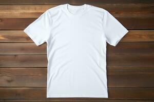 AI generated White t-shirt on wooden background, top view. Mockup for design photo