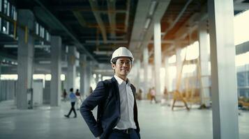 AI generated Portrait of Asian engineer or architect on construction site with building background photo