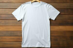 AI generated White t-shirt on wooden background, top view. Mockup for design photo