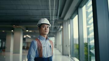 AI generated Portrait of Asian engineer or architect on construction site with building background photo