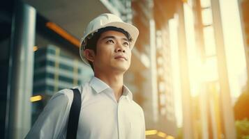 AI generated Portrait of Asian engineer or architect on construction site with building background photo