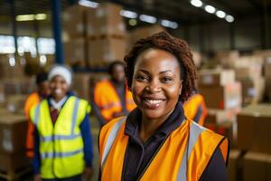 AI generated Portrait of smiling african american female warehouse worker standing in warehouse with colleagues in background photo