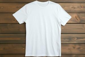 AI generated White t-shirt on wooden background, top view. Mockup for design photo