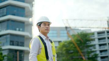 AI generated Portrait of Asian engineer or architect on construction site with building background photo